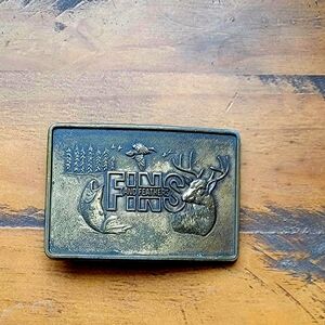 Vintage RJ Belt Buckle Fins and Feathers Fish Outdoorsman Belt Buckle